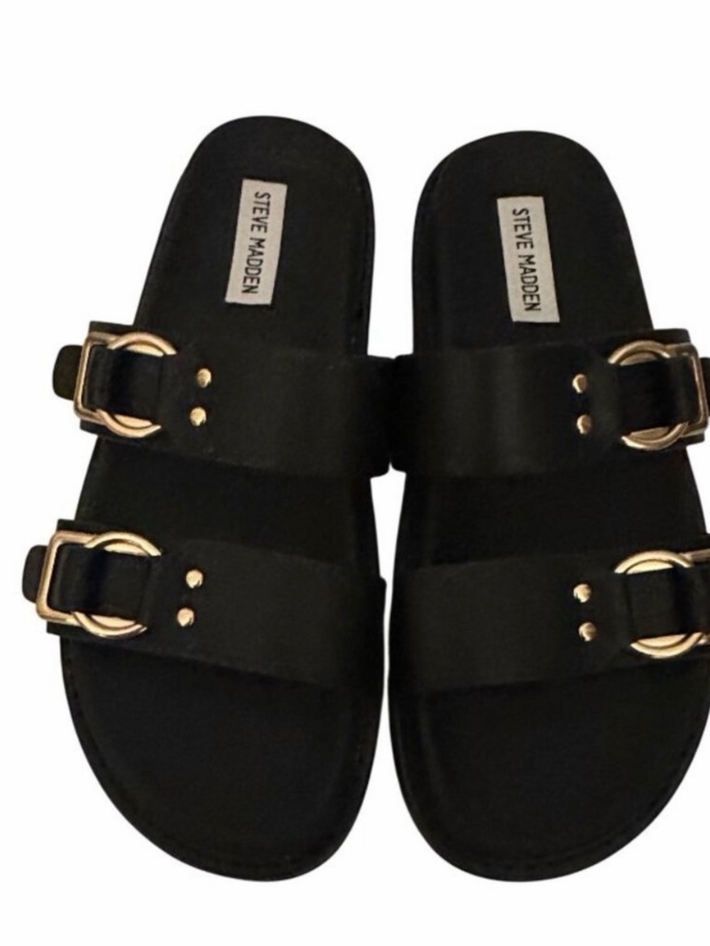 Steve Madden Hanni Black Slide Sandals with Gold Buckles- 9M